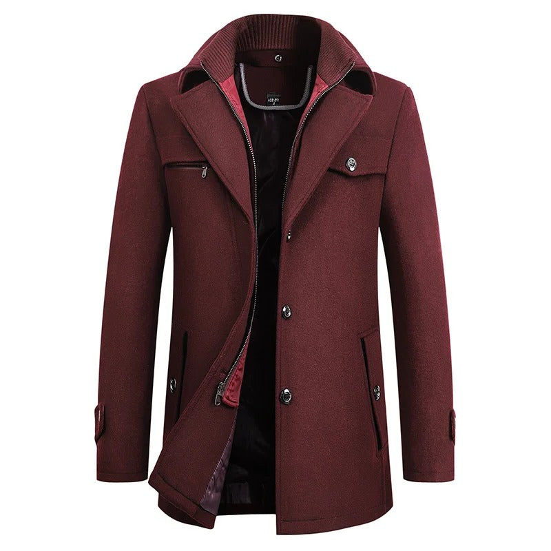 Belro waterproof winter business coat displayed on a hanger, featuring a sleek design, full-length zipper, and high collar for cold weather.