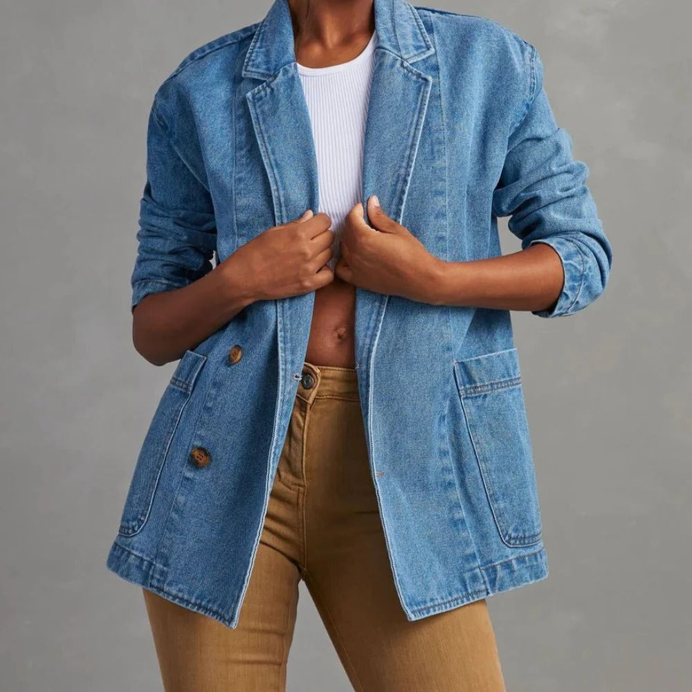Belro women's casual denim jacket, stylish and comfortable, shown on a model with front pockets and classic blue denim fabric.