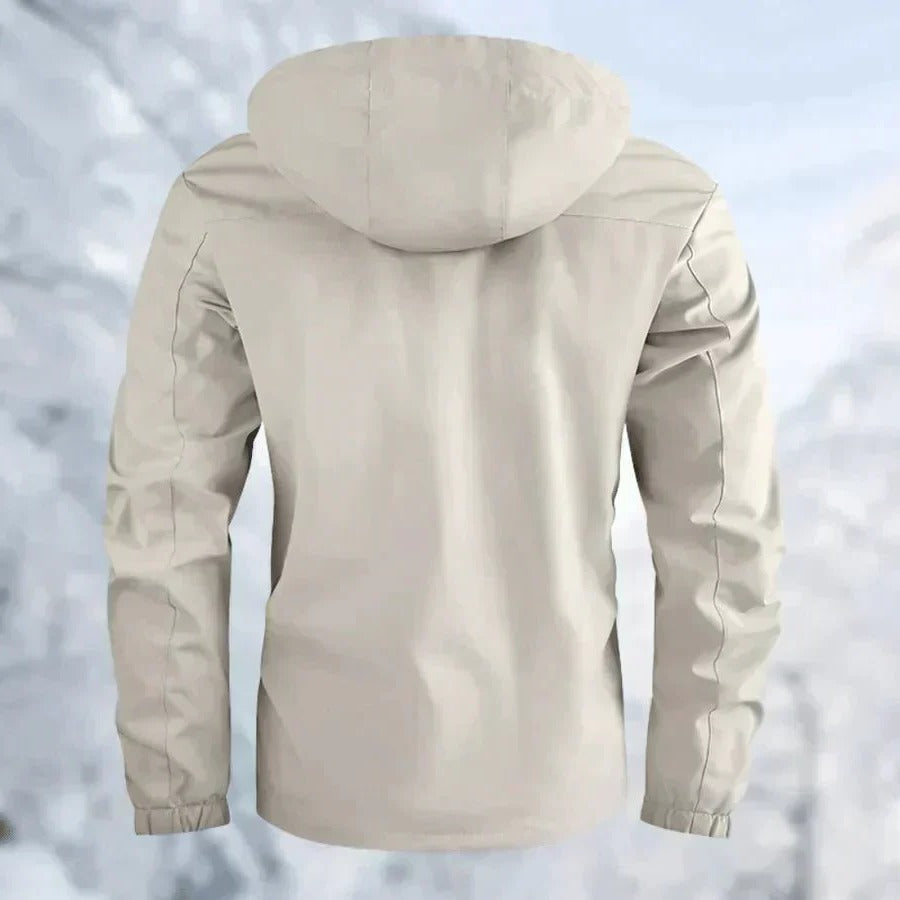 Men wearing Belro windproof and waterproof outdoor jacket, showing the jacket’s hood, zippers, and durable fabric in a nature setting.