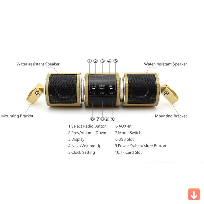 Belro motorcycle Bluetooth speaker with FM radio, compact electronic audio device featuring controls and antenna, mounted on a motorcycle.