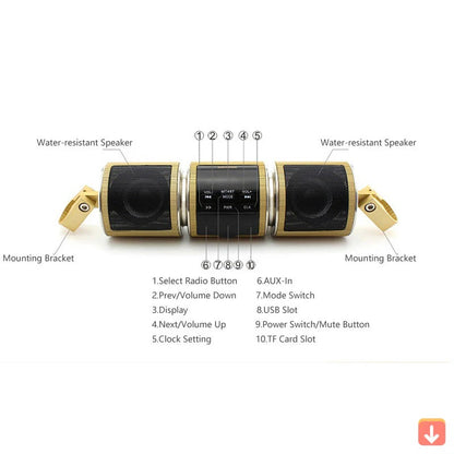 Belro motorcycle Bluetooth speaker with FM radio, compact electronic audio device featuring controls and antenna, mounted on a motorcycle.