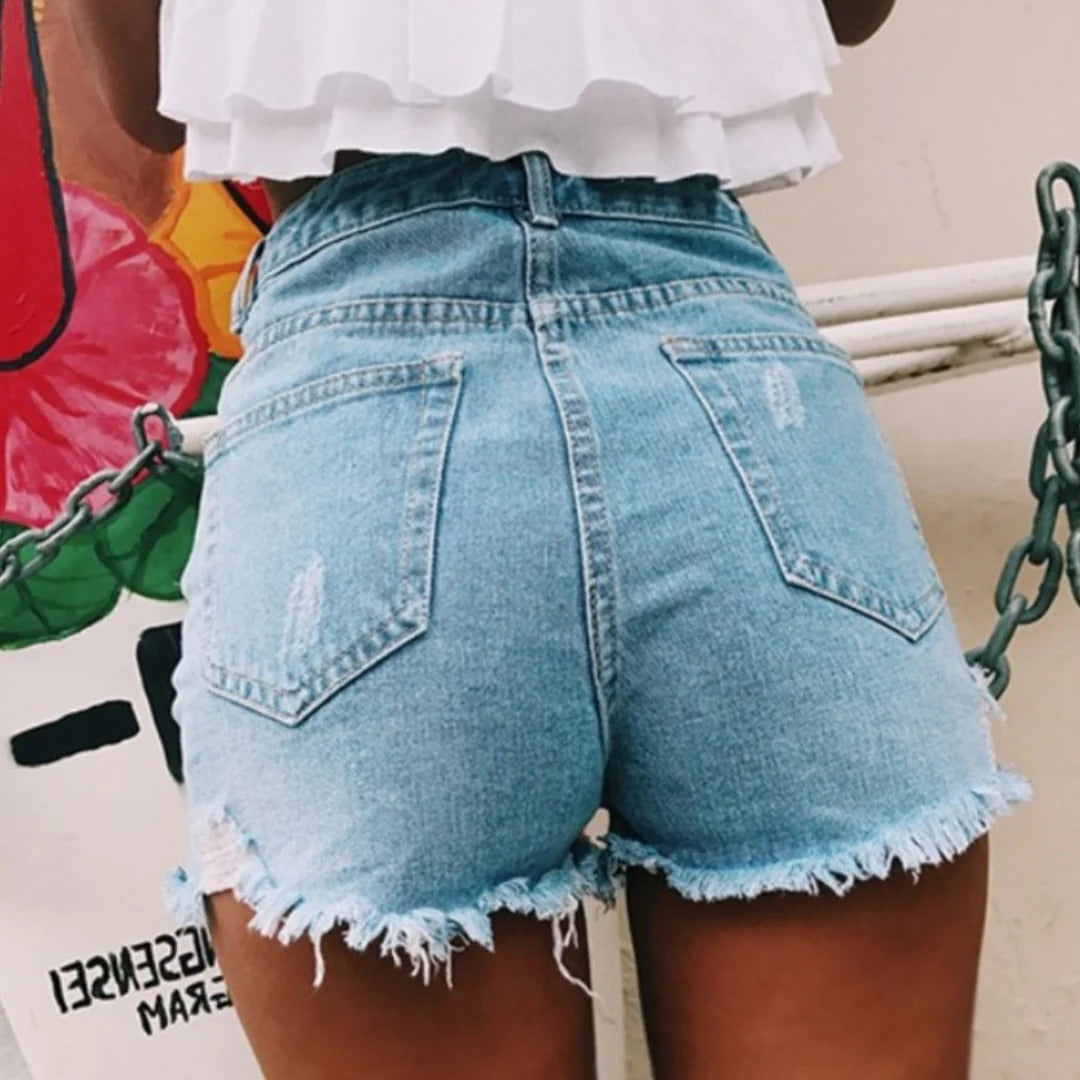 Belro women's trendy denim shorts featuring a classic cut, light wash denim, and frayed hem detail suitable for casual wear.