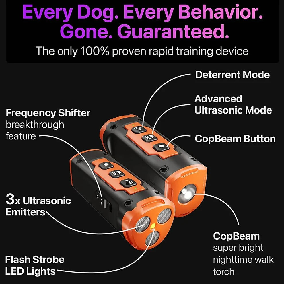 Belro ultrasonic dog trainer in use, showing a handheld device for improving dog behavior in pet training sessions.