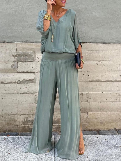 Belro elegant two-piece wide-leg chiffon pants set, featuring flowy fabric and stylish design, perfect for sophisticated casual wear.