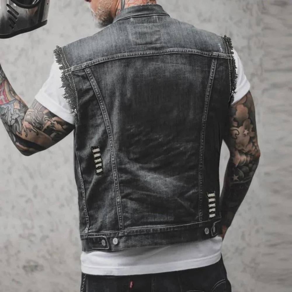 Belro retro denim vest for men, stylish sleeveless denim clothing with front pockets, casual and vintage-inspired fashion piece.