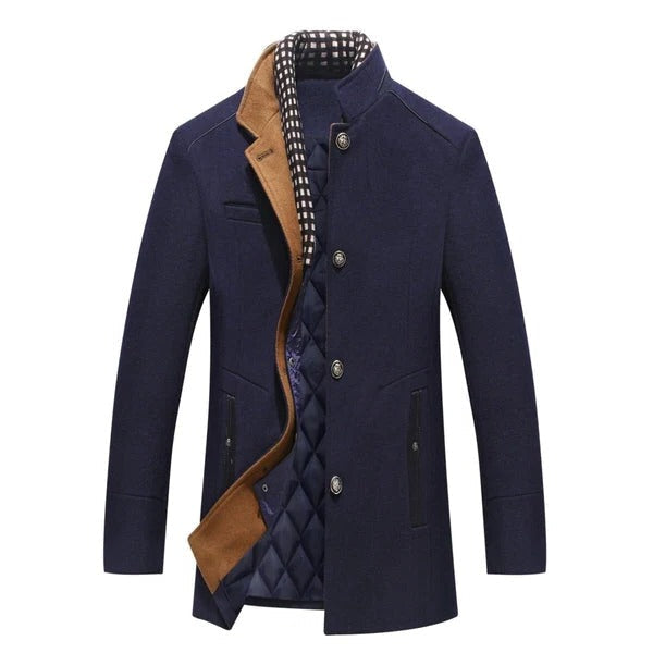Belro men's wool coat displayed on a hanger, showing its tailored fit, classic collar, and smooth fabric texture.