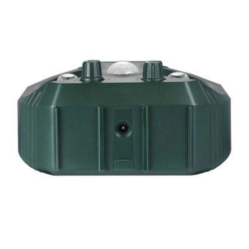 Belro ultrasonic cat repellent device emitting ultrasound and noise for outdoor pest control against cats, foxes, rats, squirrels, and dogs.