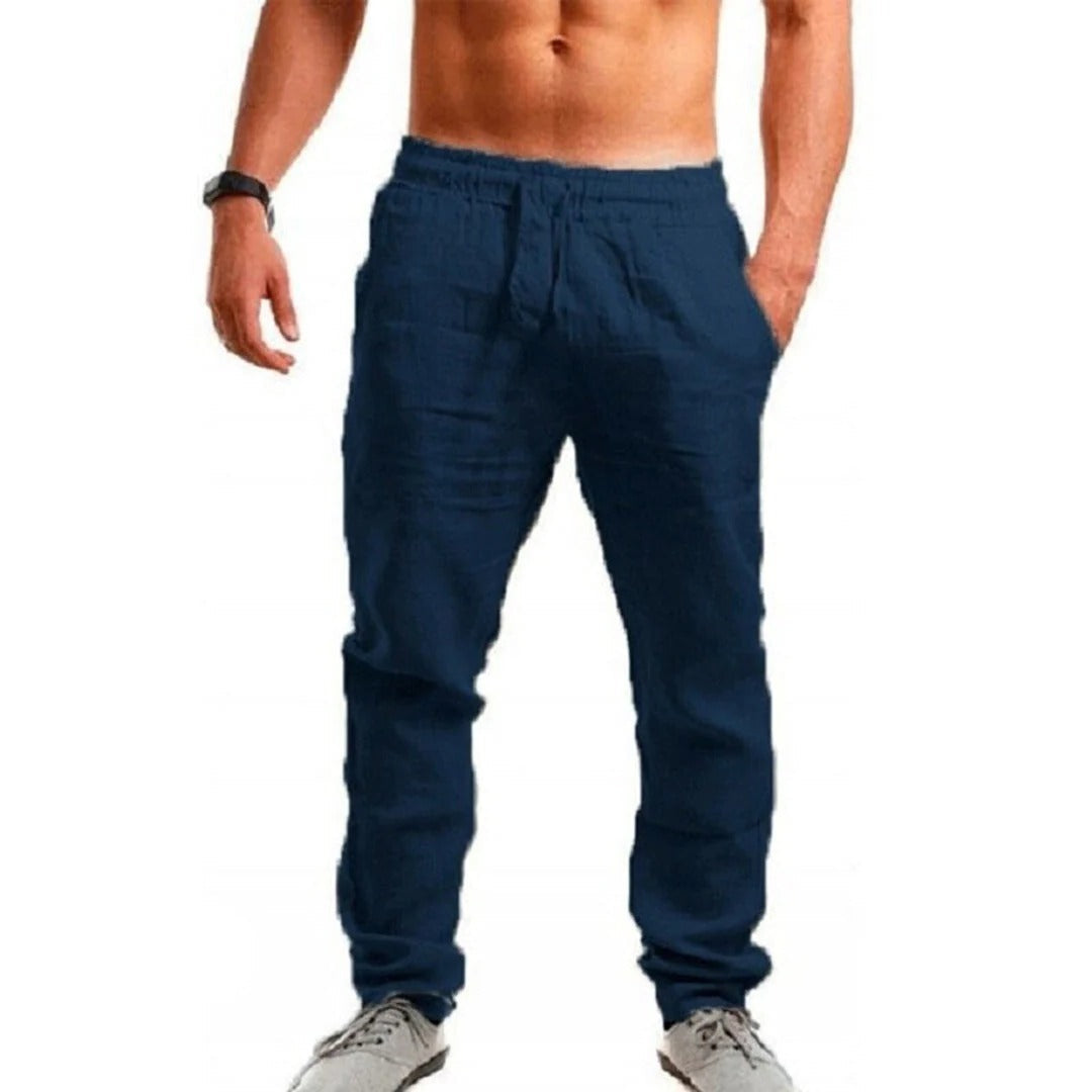 Men's linen summer pants by Belro, lightweight and breathable, shown in a relaxed fit with a neutral color on a model.