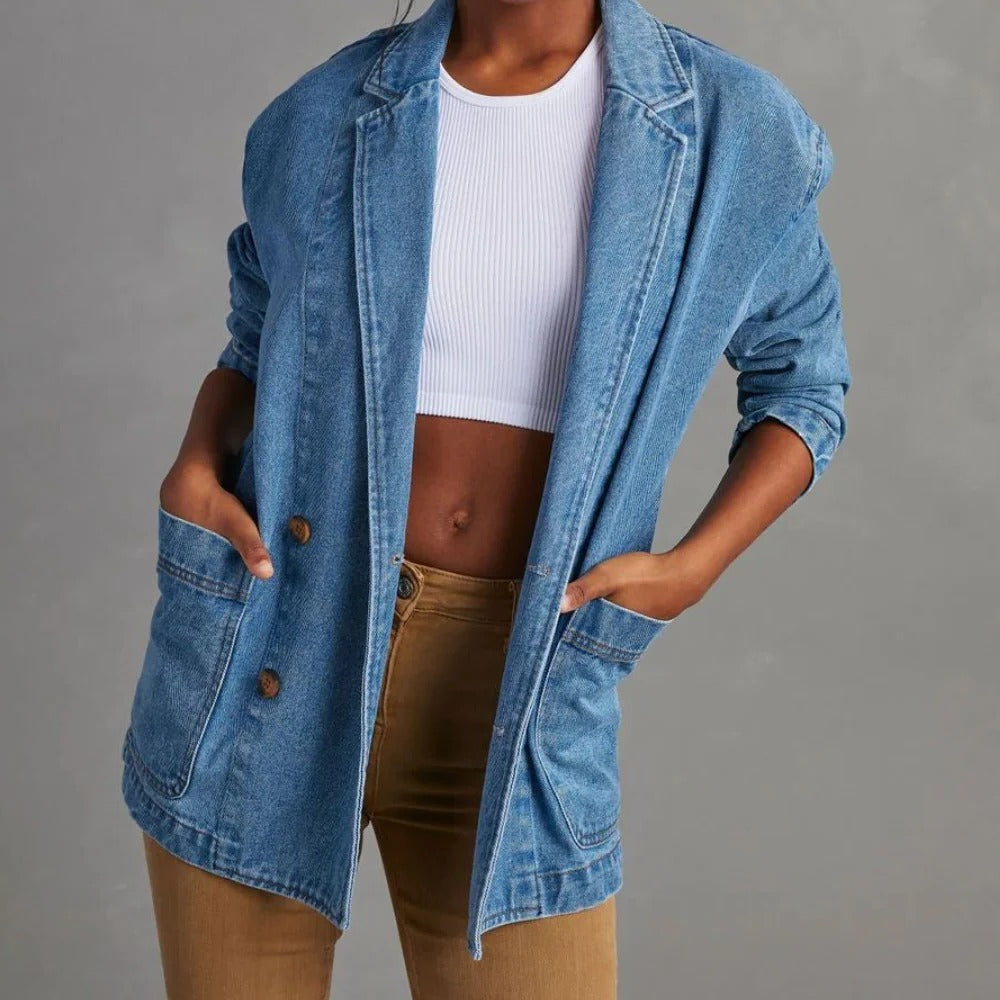Belro women's casual denim jacket with a stylish fit, featuring classic blue denim fabric and front pockets.