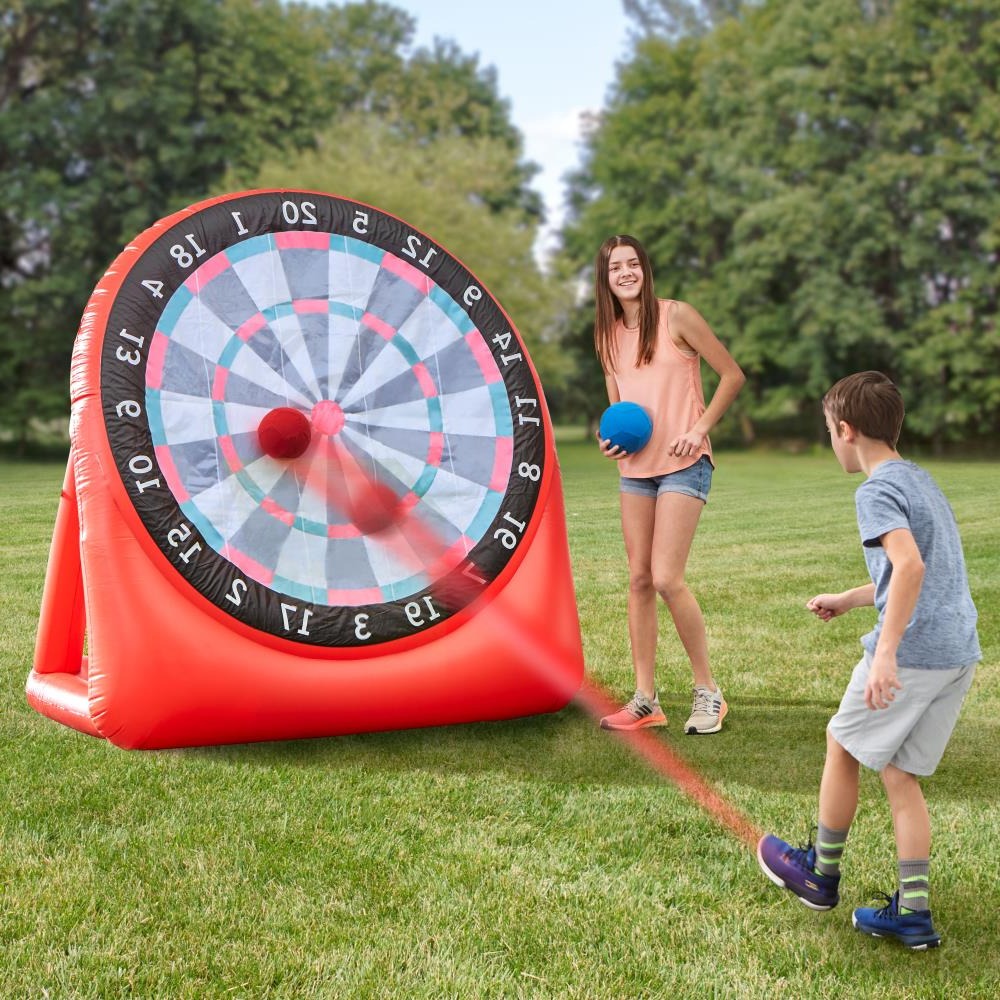 Giant inflatable soccer dartboard by Belro, featuring colorful soccer-themed targets on a large inflatable surface.