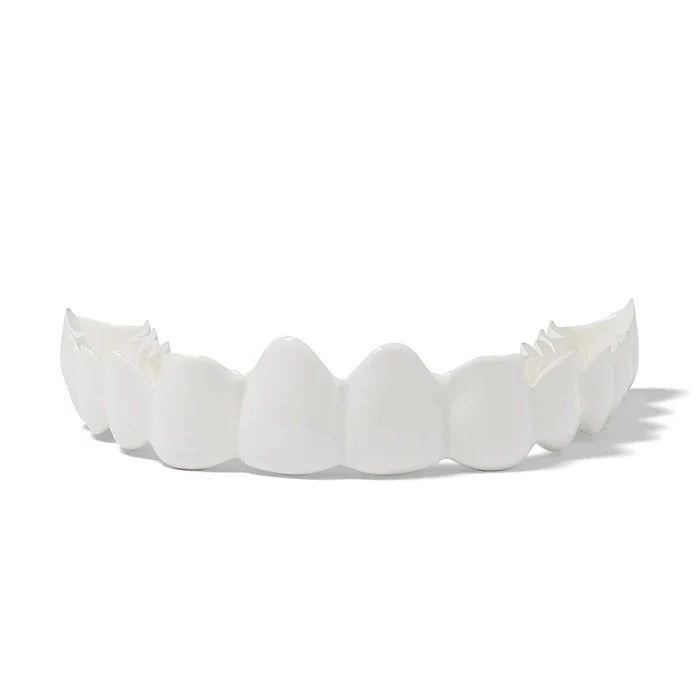 Close-up of Belro dental veneers with a natural white finish, showcasing the smooth, realistic appearance for improved smile aesthetics.