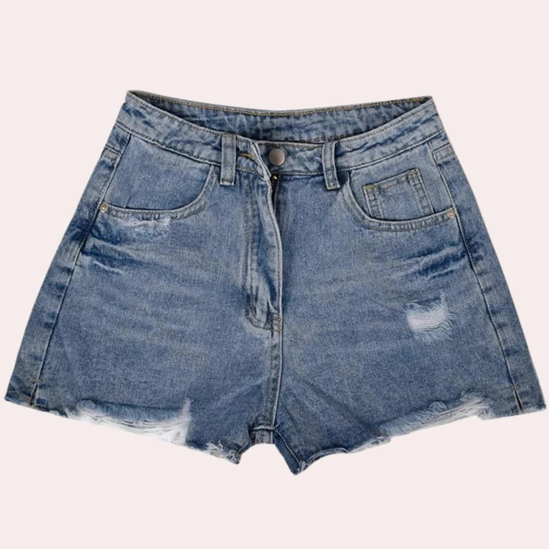 Belro trendy denim shorts for women with a high-waist fit, classic blue wash, and distressed details, styled with a casual top.