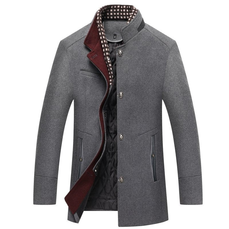 Belro men's wool coat showing a classic tailored design with a button front and collar, ideal for cold weather.