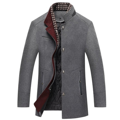 Belro men's wool coat showing a classic tailored design with a button front and collar, ideal for cold weather.