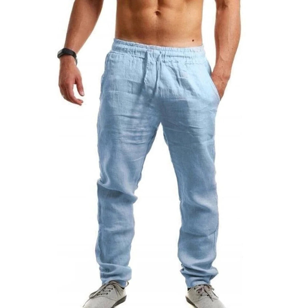 Men's linen summer pants from Belro, lightweight and breathable clothing with a relaxed fit and neutral color for warm weather.