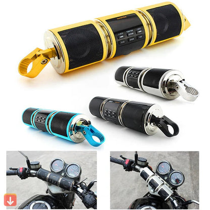 Belro motorcycle Bluetooth speaker with FM radio, compact electronic audio device mounted on a motorcycle handlebar.