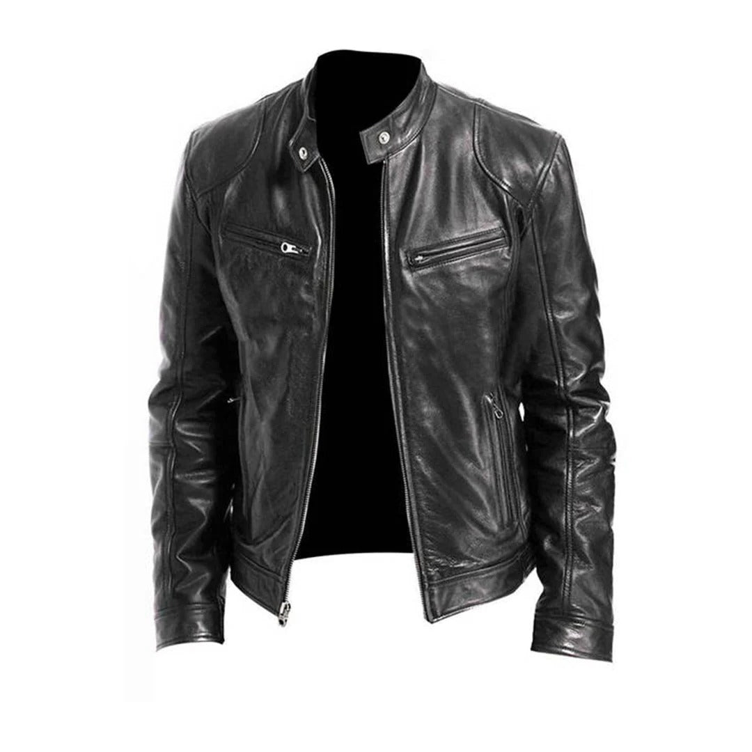 Men's Belro leather jacket hanging on a wooden hanger, showcasing a classic black leather coat with a front zipper and collar.