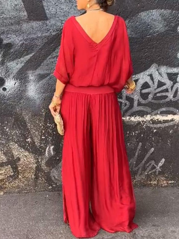Belro elegant two-piece wide-leg chiffon pants set, featuring flowy fabric and stylish design, shown on a model.