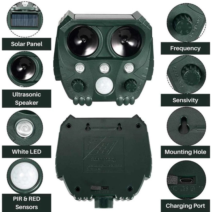 Belro ultrasonic cat repellent device emitting sound waves to deter cats, foxes, rats, squirrels, and dogs from outdoor areas.