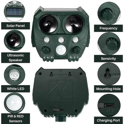 Belro ultrasonic cat repellent device emitting sound waves to deter cats, foxes, rats, squirrels, and dogs from outdoor areas.