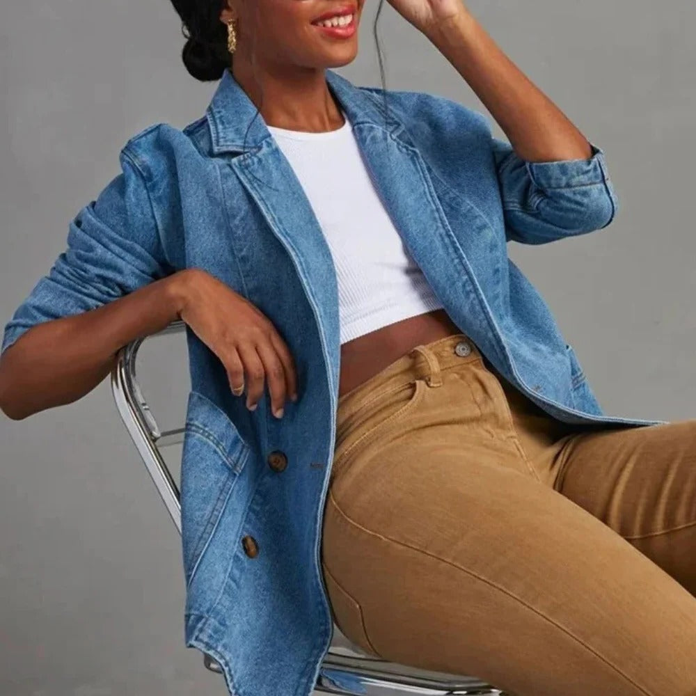 Belro women's denim jacket, casual and stylish, shown on a woman, featuring classic blue denim with button closure and pockets.