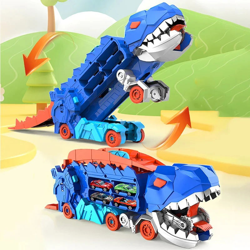 Belro dinosaur-themed car play truck toy for kids, featuring colorful dinosaur figures and interactive vehicle design.