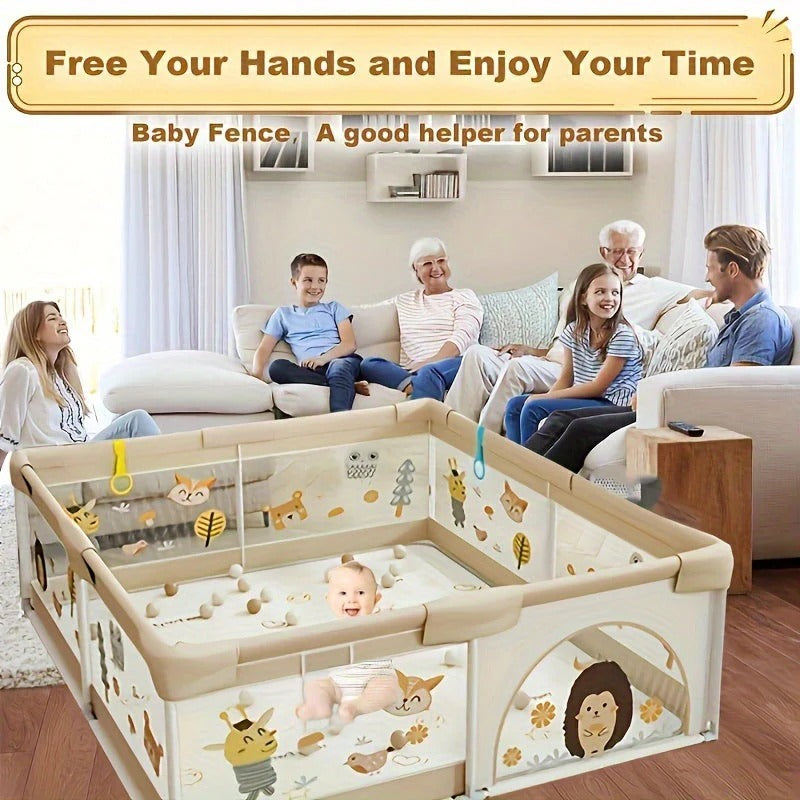 Belro baby playpen in soft fabric, featuring colorful panels and safety netting for infants and toddlers.
