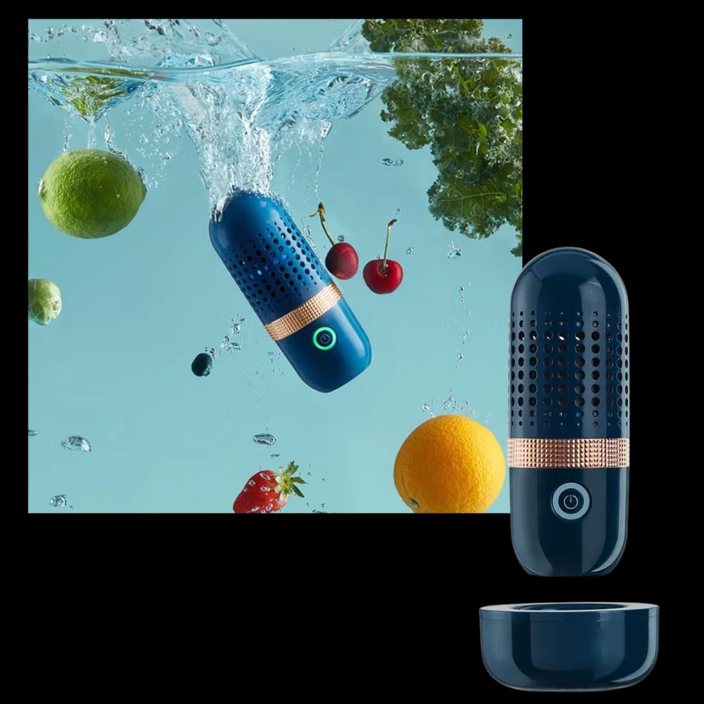 Wireless fruit and vegetable cleaning machine by Belro, compact device with brushes for thorough outdoor cleaning of produce.