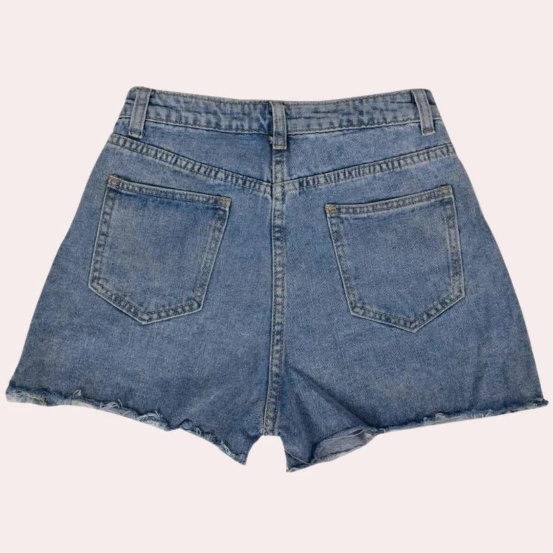 Belro trendy denim shorts for women, stylish high-waisted blue jean shorts with distressed details, casual summer clothing.
