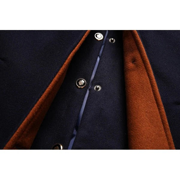 Belro men's wool coat, stylish and high-quality, shown hanging with a tailored fit and classic design for cold weather.