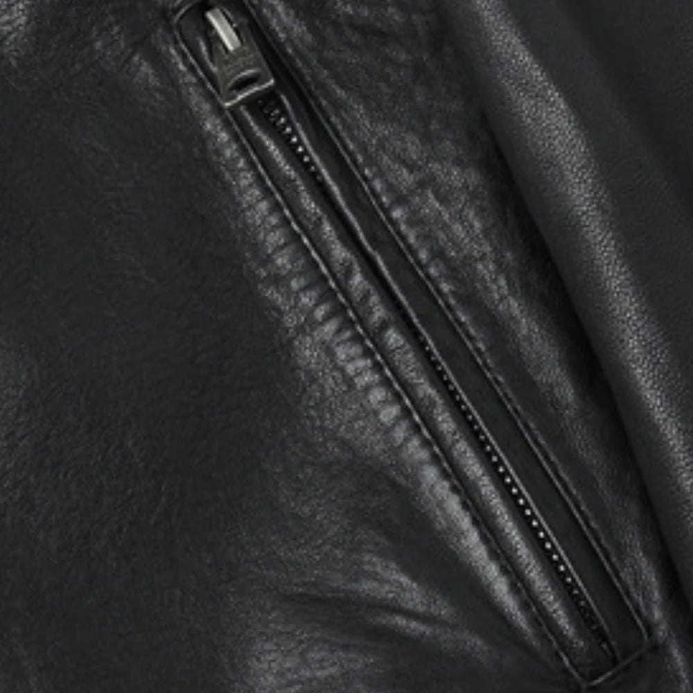 Men's black leather jacket by Belro, stylish men's clothing jacket with a classic fit, visible zipper and collar details.