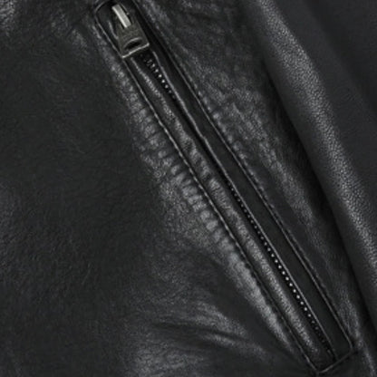 Men's black leather jacket by Belro, stylish men's clothing jacket with a classic fit, visible zipper and collar details.