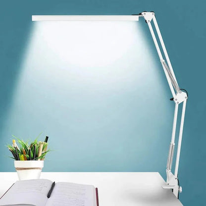 Belro LED desk lamp with clamp, adjustable arm and bright light for reading or work, positioned on a desk.