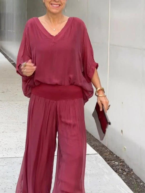 Belro elegant two-piece wide-leg chiffon pants set, featuring flowing fabric and stylish design for sophisticated casual wear.