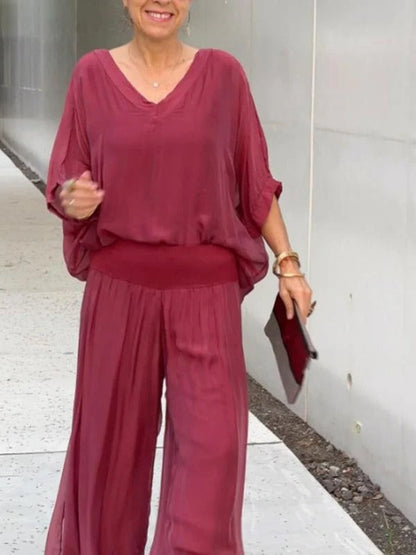 Belro elegant two-piece wide-leg chiffon pants set, featuring flowing fabric and stylish design for sophisticated casual wear.