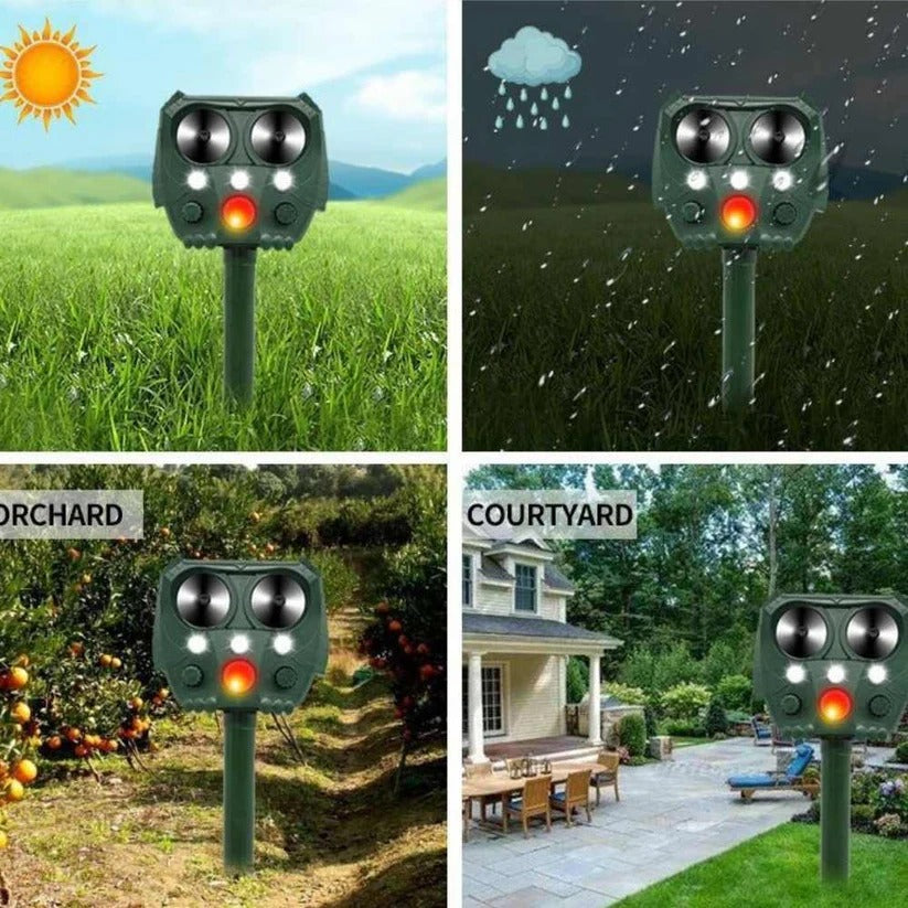 Belro ultrasonic cat repellent device emitting ultrasound and noise to deter cats, foxes, rats, squirrels, and dogs in outdoor pest control.