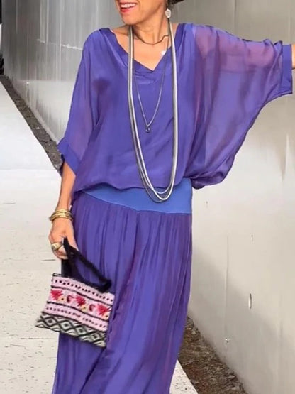 Belro elegant two-piece wide-leg chiffon pants set, stylish and flowing clothing for a sophisticated look.