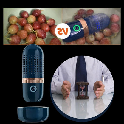 Belro wireless fruit and vegetable cleaning machine for home and garden, shown in use with produce on a countertop.
