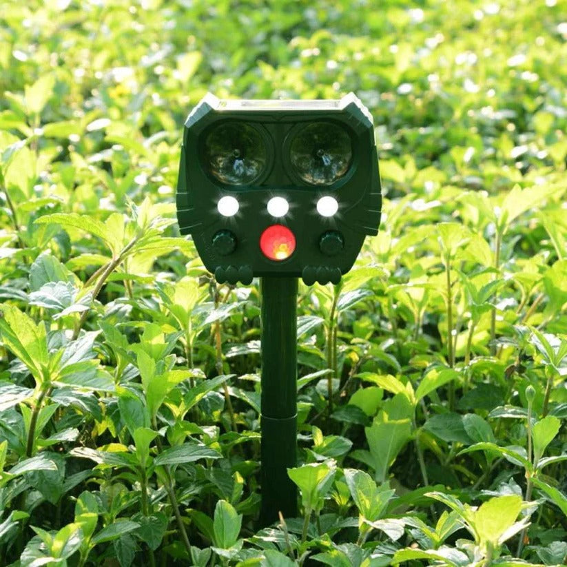 Belro ultrasonic cat repellent device emitting sound waves, designed to deter cats, foxes, rats, squirrels, and dogs outdoors.