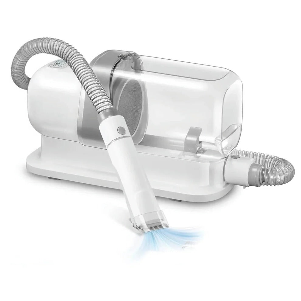 Belro low-noise dog grooming vacuum with pet hair clippers and brush kit, large 77.7oz capacity, in use on a dog.