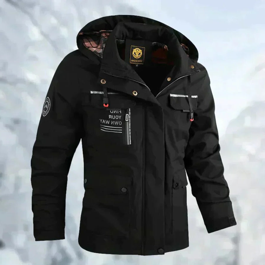 Belro men's windproof and waterproof outdoor jacket with adjustable hood and multiple pockets, ideal for hiking and outdoor activities.