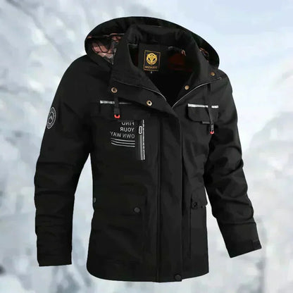 Belro men's windproof and waterproof outdoor jacket with adjustable hood and multiple pockets, ideal for hiking and outdoor activities.