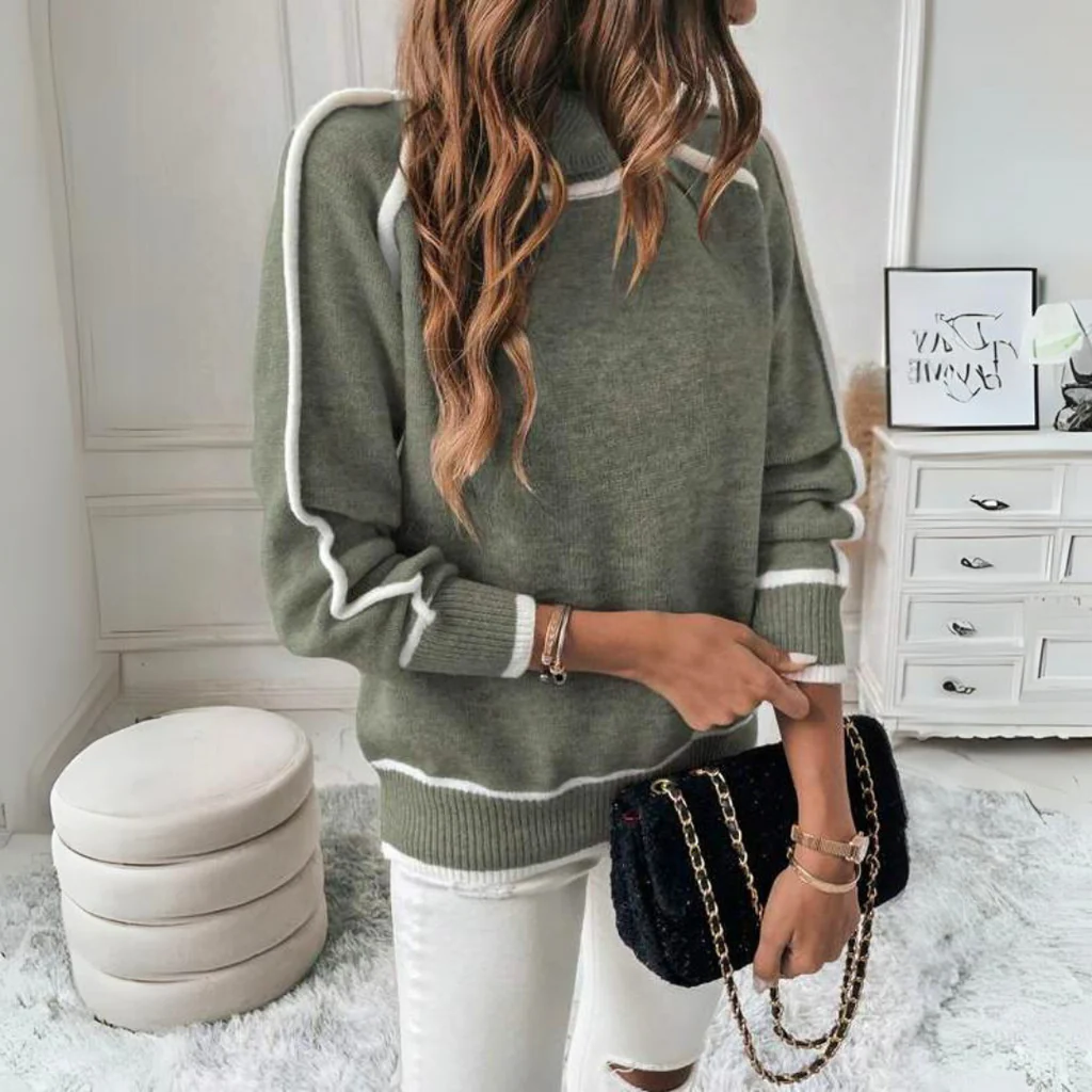 Olive green knitted sweater by Belro, cozy and stylish clothing sweater with detailed knit pattern on a model.
