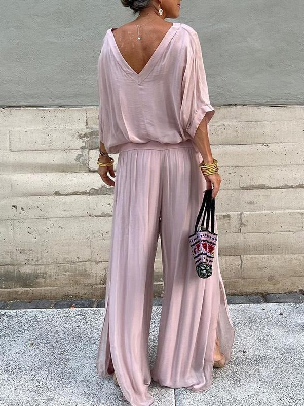 Belro elegant two-piece wide-leg chiffon pants set, featuring flowing fabric and stylish design, displayed on a model.