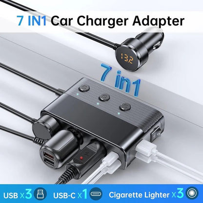 Belro 7-in-1 car cigarette lighter adapter with multiple charging ports for electronic devices in a vehicle.