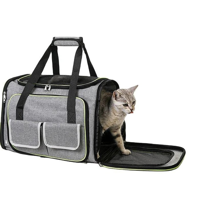 Belro foldable pet carrier bag designed for automotive travel, shown in a compact, foldable state with mesh ventilation panels.