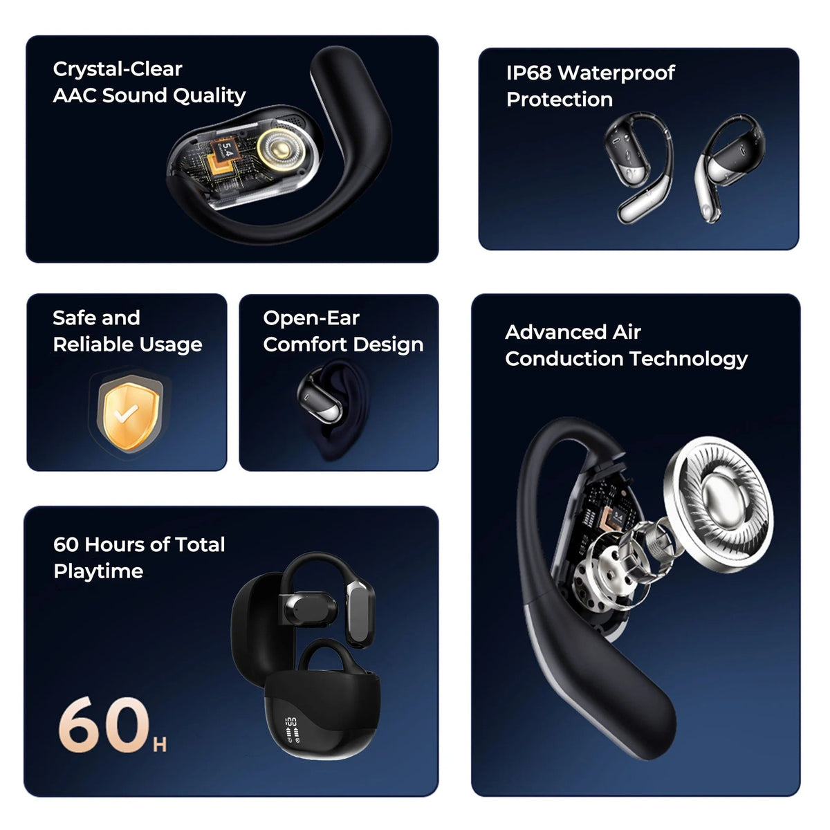 Belro Smart Translation Earbuds in black, with sleek design and in-ear fit, designed for real-time language translation.
