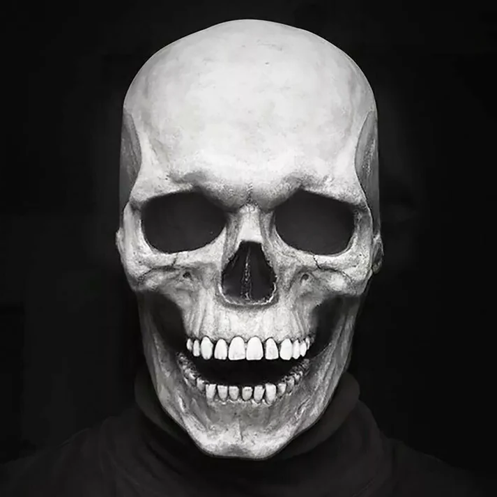 Belro Movable Jaw Realistic Full Head Skull Mask featuring detailed human skeleton design for Halloween costumes.