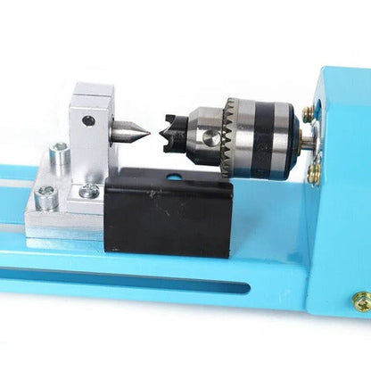 Mini Wood Lathe Machine by Belro, compact woodworking tool with turning and shaping features, shown on a workbench.