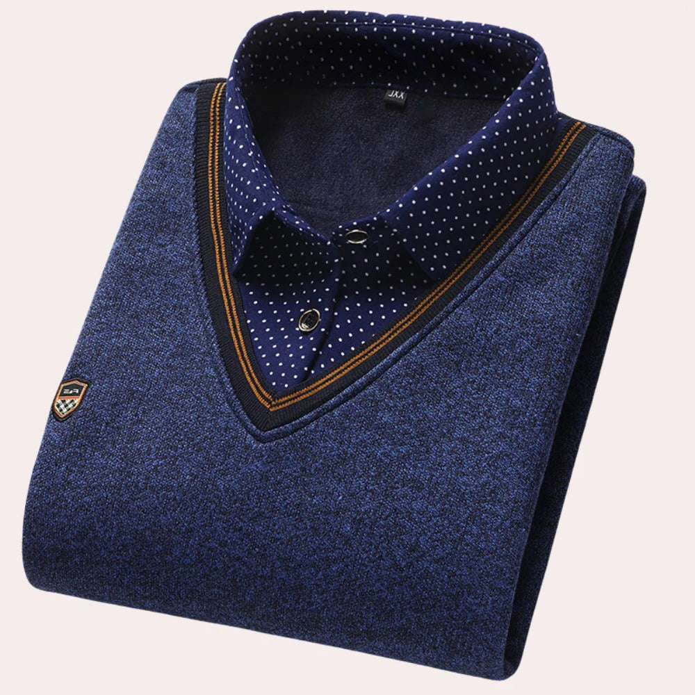 Men's Belro shirt collar sweater, close-up of the collar and upper chest showing the knit fabric and style details.